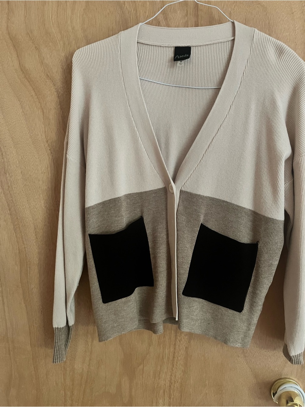 Two-Tone Cream & Brown Cardigan with Black Pockets
